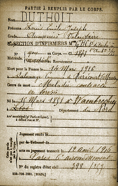 La fiche "Mort pour la France" de l'Abbé DUTHOIT